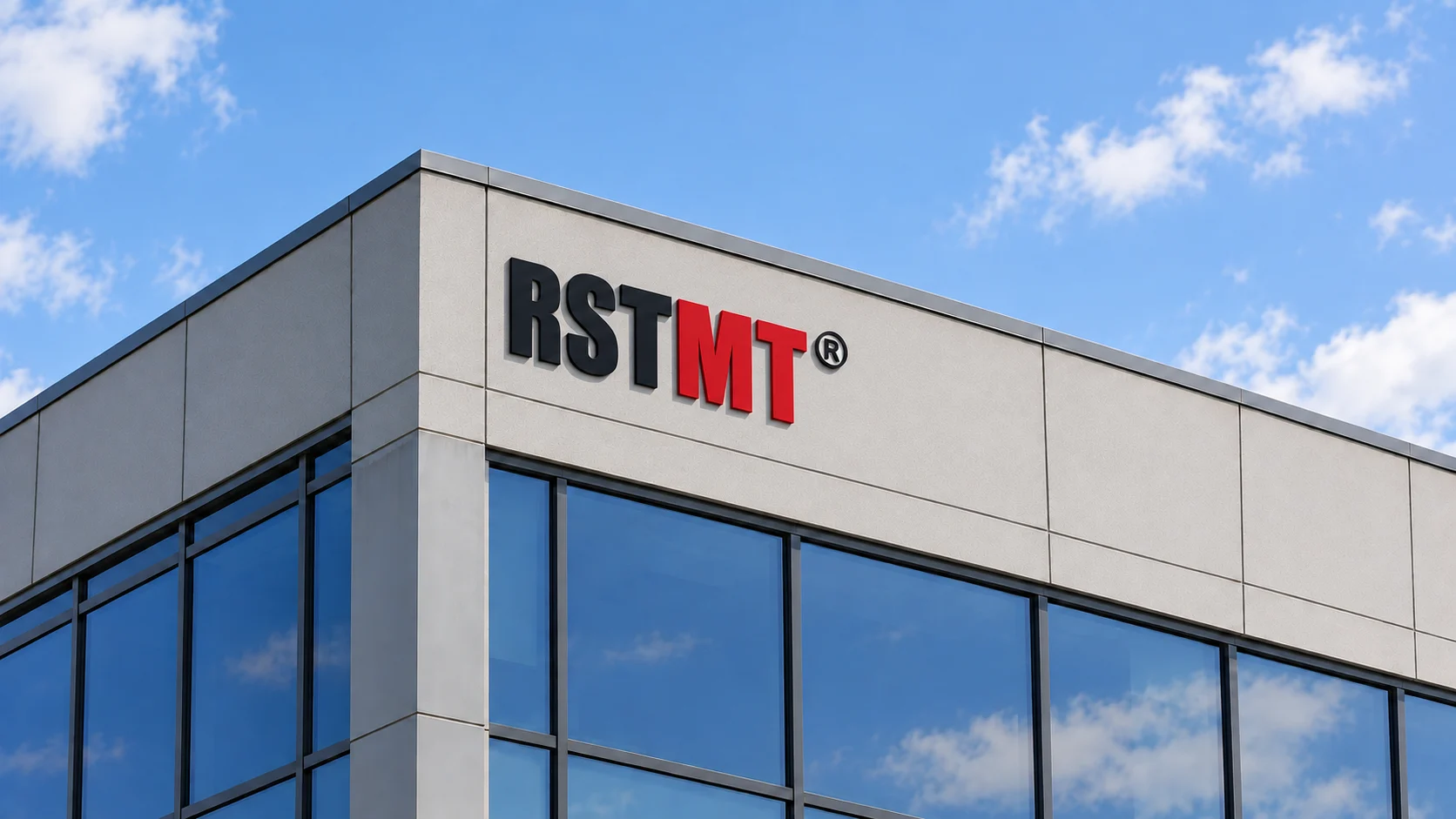 蓝天背景下带有黑红 RSTMT 楼宇字的现代写字楼一角概念图